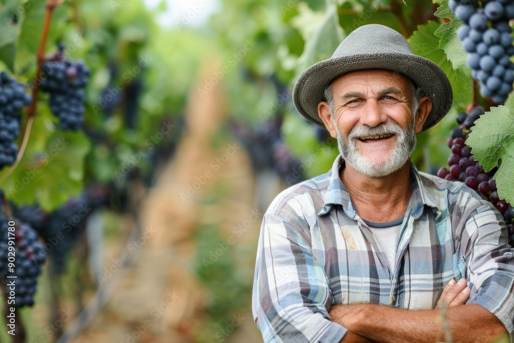 Senior winemaker smiling with crossed arms in vineyard Senior winemaker smiling with crossed arms in vineyard
