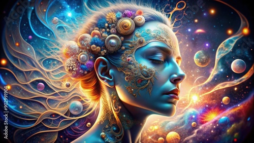 A Serene Woman Meditates in a Cosmic Landscape Surrounded by Celestial Elements and Vibrant Colors. Generative AI