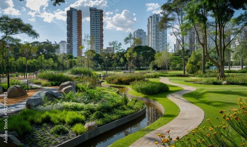 Urban green spaces such as parks and gardens providing recreational areas for city dwellers, Generative AI © Media Masterpieces