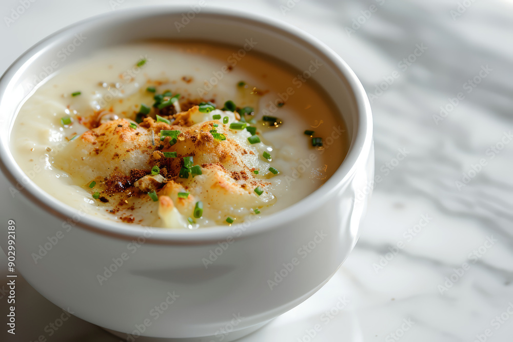 baked potato soup served in an elegant white ceramic bowl with creamy texture and savory toppings baked potato soup served in an elegant white ceramic bowl with creamy texture and savory toppings