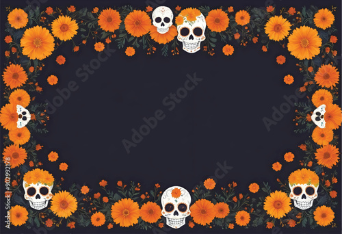 an elegant frame border design with a day of the dead skulls and marigold flowers decorations on it