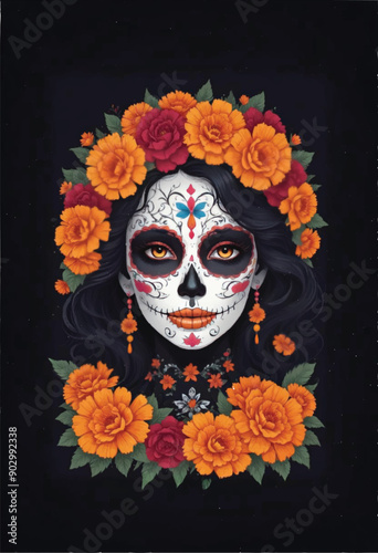 day of the dead woman of catrina figure with floral headdress and marigold flowers decorative