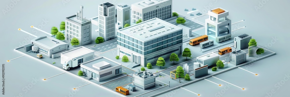 3D Illustration of a Modern Cityscape with Connected Buildings and Transportation 3D Illustration of a Modern Cityscape with Connected Buildings and Transportation