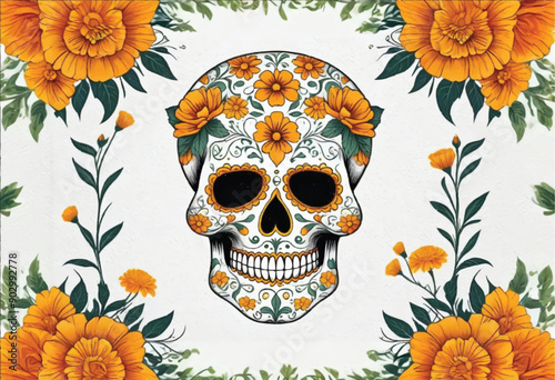 a day of the dead skull with a floral pattern on it is painted on a white background