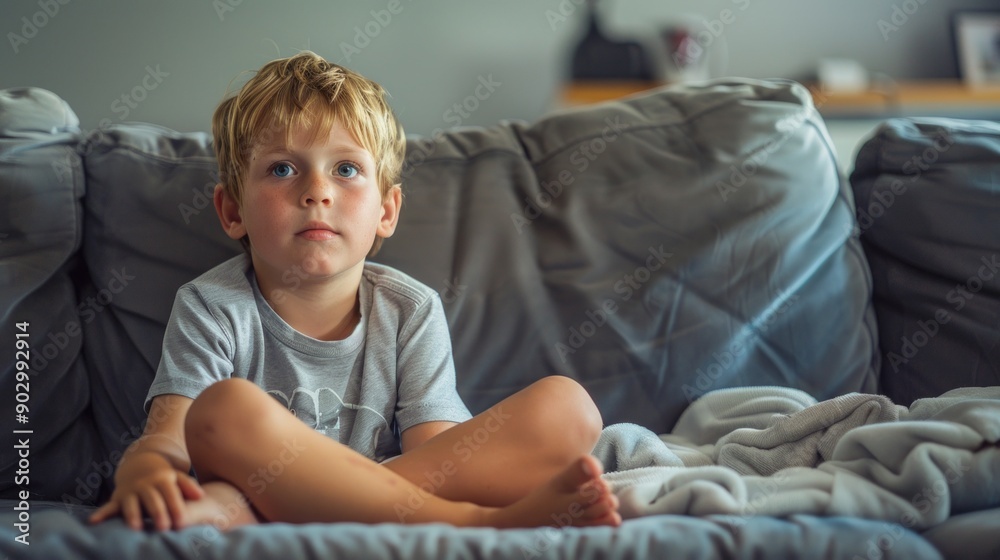 Fototapeta premium A pensive boy on grey couch with blanket, casual and cozy ambiance, thoughtful expression.