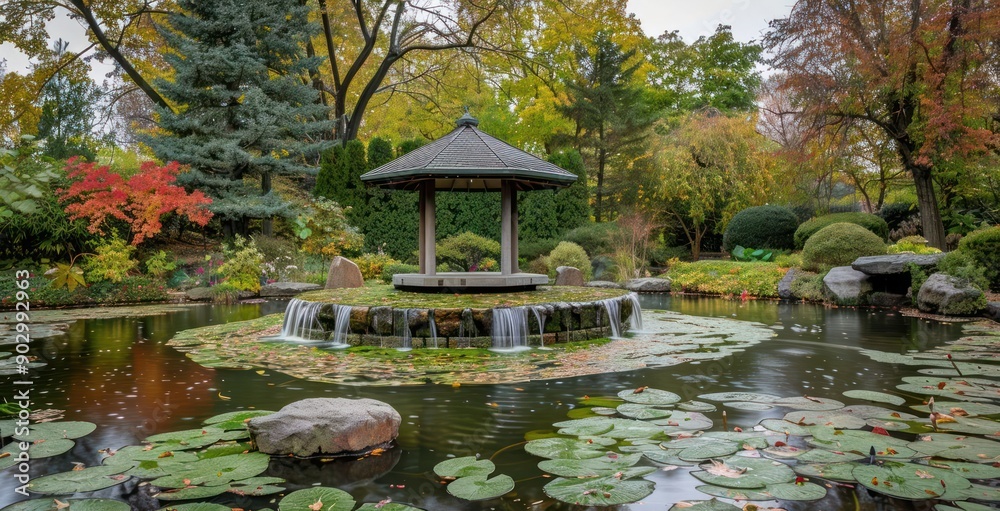 Obraz premium A pond with a small fountain and a pavilion in the middle