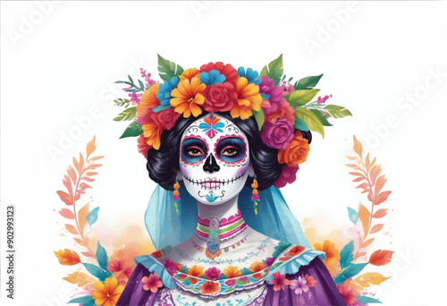 a woman with a catrina skull face painting and costume with flowers headdress and flowers decoration