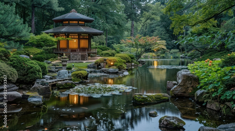 A serene pond with a small Japanese-style house in the background A serene pond with a small Japanese-style house in the background