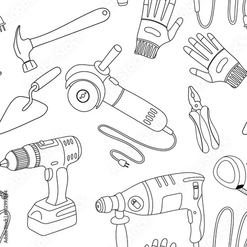 Seamless pattern with construction tools. Hand drawn illustration in cartoon style.