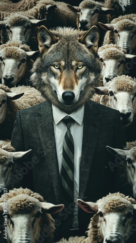 A wolf in a suit with sheep in similar attire, symbolizing "a wolf in sheep's clothing." Visual metaphor blending animal imagery with human fashion in a striking, possibly satirical composition.