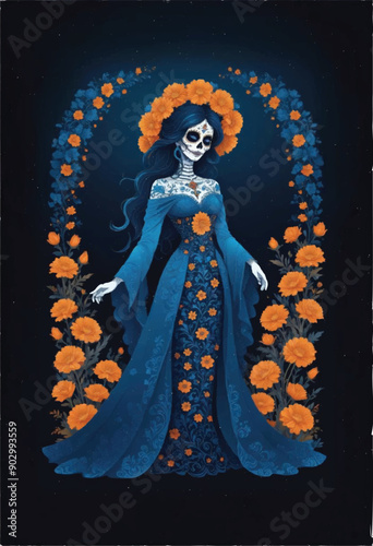 a woman of catrina figure in a blue dress with marigold flowers and a catrina skull