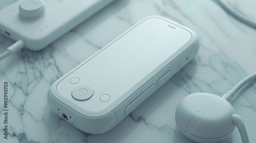 A sleek, minimalist white smartphone with a clean design is displayed on a marble surface. A sleek, minimalist white smartphone with a clean design is displayed on a marble surface.