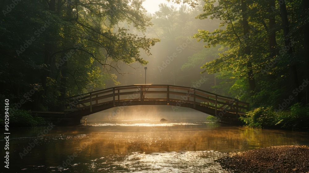 Fototapeta premium A bridge over a river with a foggy morning