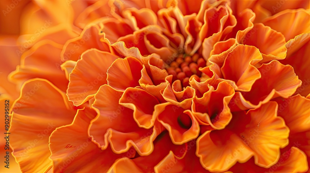 Detailed close-up of a vibrant orange marigold, showcasing its petals in vivid color Detailed close-up of a vibrant orange marigold, showcasing its petals in vivid color