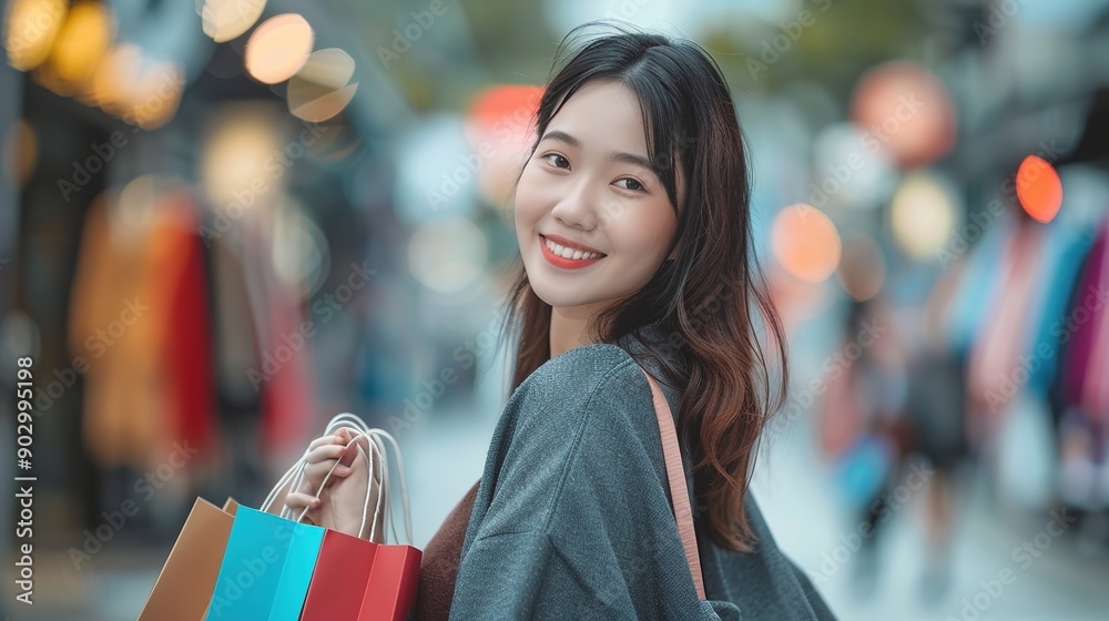 Cheerful Asian woman holding shopping bags.Beautiful Asian woman in casual style shopping in the city Cheerful Asian woman holding shopping bags.Beautiful Asian woman in casual style shopping in the city