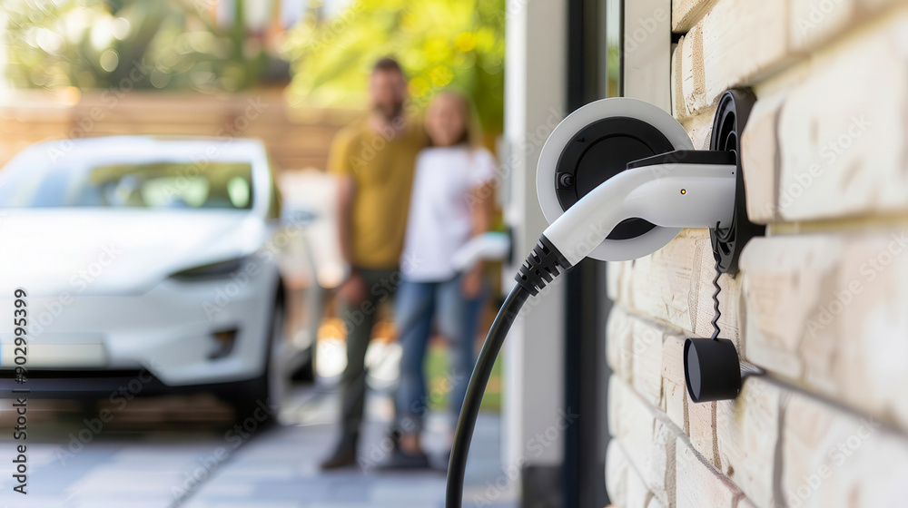 Fototapeta premium Close-up of an electric vehicle charging at home with a couple standing in the background. Sustainable energy and green living concepts.