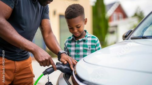 Father and son bonding while charging electric car in the driveway, symbolizing sustainable future and eco-friendly transportation.