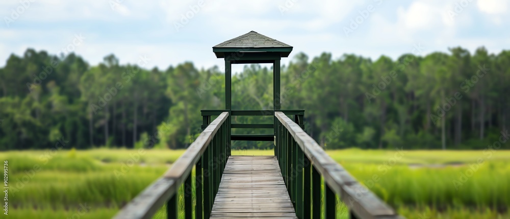 Forest wetland with observation tower and wildlife, serene viewing, nature study Forest wetland with observation tower and wildlife, serene viewing, nature study