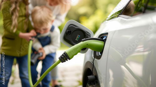 A family charging an electric car at a charging station, depicting the adoption of green energy and sustainable transportation.