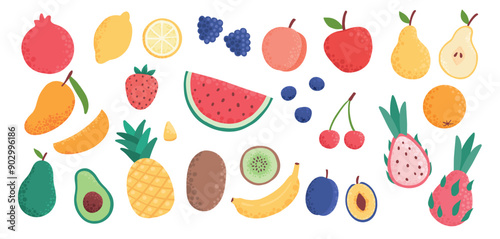 Doodle fruits. Natural tropical fruit, doodles citrus orange and vitamin lemon. Vegan kitchen apple hand drawn, organic fruits or vegetarian food. Vector isolated icons illustration set