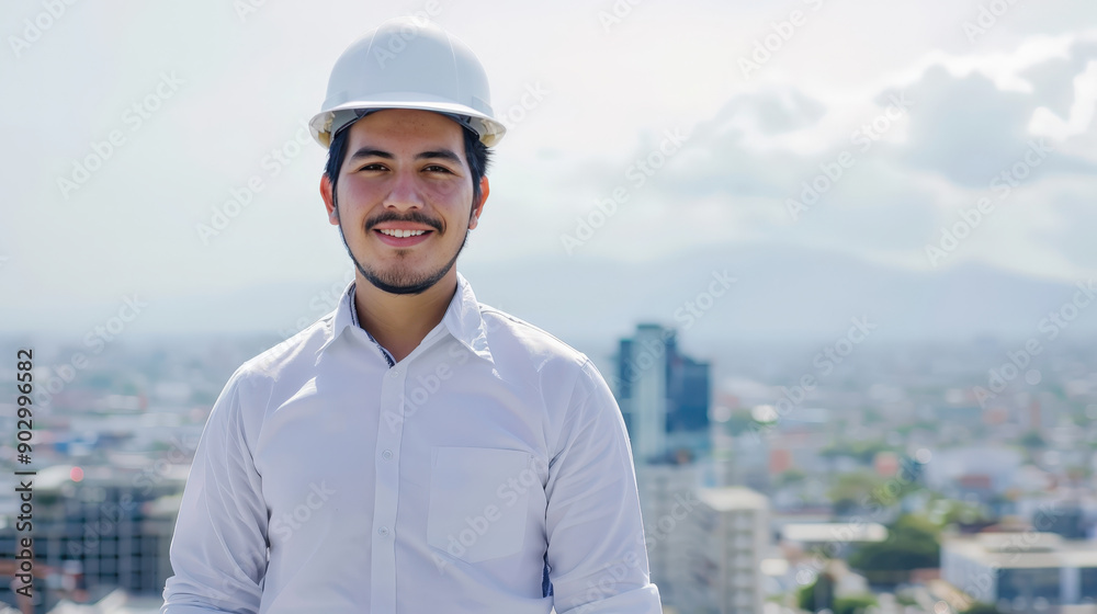 Smiling male engineer in white hard hat standing outdoors with cityscape background Smiling male engineer in white hard hat standing outdoors with cityscape background