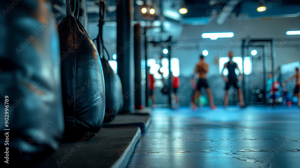 Obraz premium Boxing Gym Training Session with Punching Bags