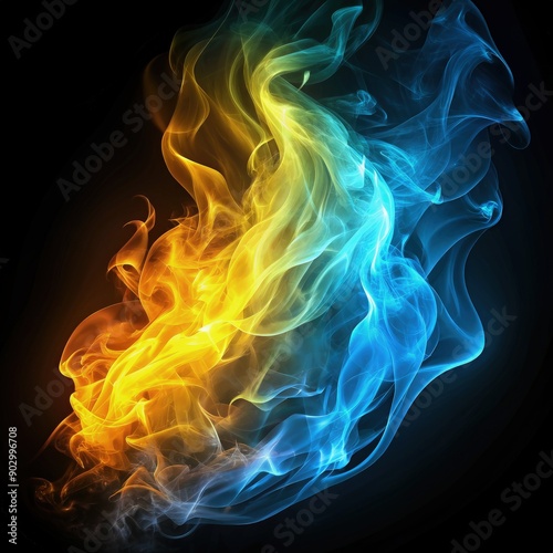 Unique Cyan Blue and Yellow Flame Effect With Flowing Patterns on a Dark Background. Generative AI © Irina
