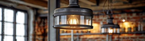 A room with a light fixture hanging from the ceiling. The light fixture is a lamp with a glass shade. The room has a brick wall and a window