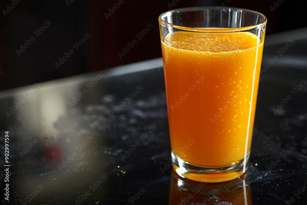 Glass of Orange Juice with Bubbles on a Dark Surface Glass of Orange Juice with Bubbles on a Dark Surface