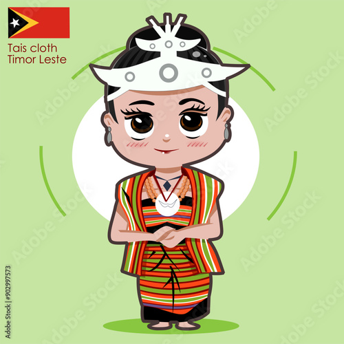 CIMAHI, INDONESIA-JULY 29, 2024-Timor Leste etnic cute chibi girl wear traditional costume dress. Vector graphic design character illustration for collection, poster,background,wallpaper,sticker. photo