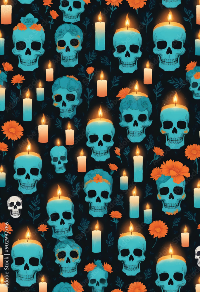 day of the dead pattern of a blue sugar skull and a bunch of candles with marigold flowers on top day of the dead pattern of a blue sugar skull and a bunch of candles with marigold flowers on top