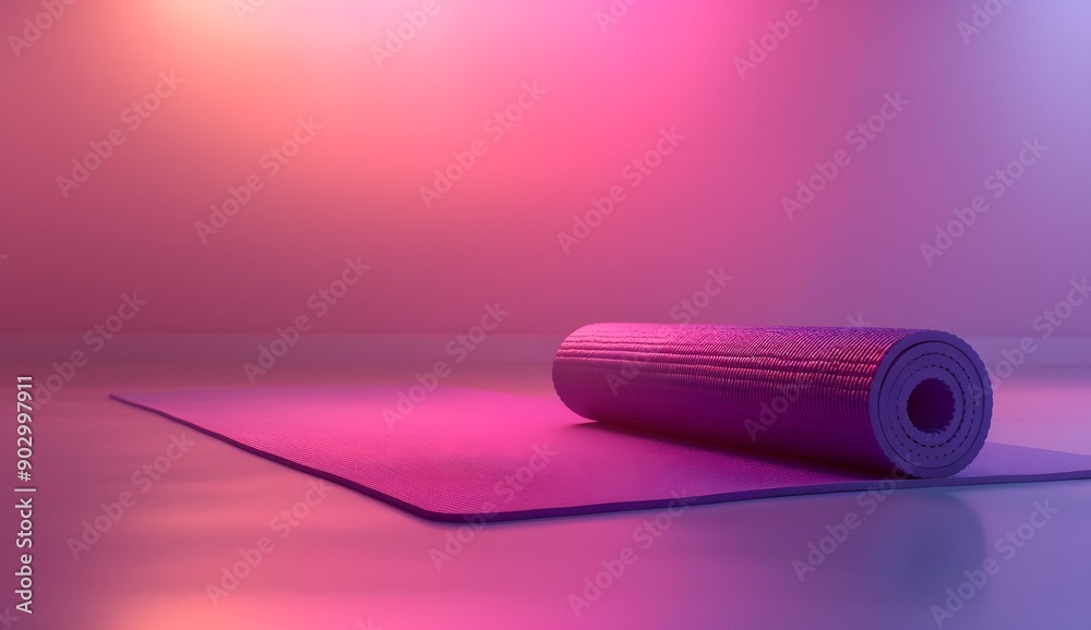 A purple yoga mat is rolled up on the floor, with a gradient background in violet and pink colors. A purple yoga mat is rolled up on the floor, with a gradient background in violet and pink colors.