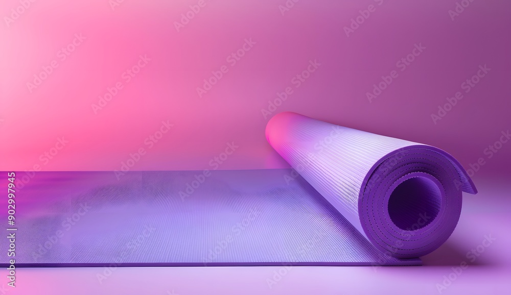 A purple yoga mat is rolled up on the floor, with a gradient background in violet and pink colors. A purple yoga mat is rolled up on the floor, with a gradient background in violet and pink colors.