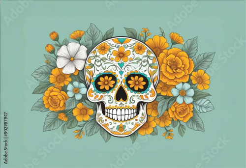 a day of the dead skull and flowers are painted on a green background