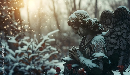 Gloomy and sad angel statue in the cemetery, winter forest in the background, soft focus, roses nearby, old photo effect