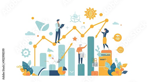 Illustration of business development with upward trends, showcasing the journey towards success and growth