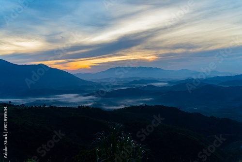 Morning in the mountains. The birth of clouds. The fog rises and forms cirrus clouds in the sky. The highlands near Dalat in Vietnam.