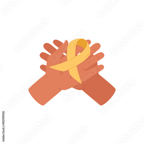 Vector illustration of hands with yellow ribbon on isolated background.