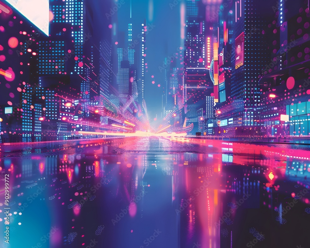 Obraz premium Illustration of A trendy digital poster featuring vibrant, colorful dot fonts in a futuristic cityscape at night. Ai Generate. 