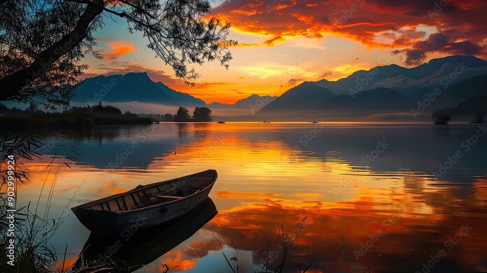 Peaceful sunset view with a boat silhouetted on a lake, and mountains in the background creating a stunning scene. Peaceful sunset view with a boat silhouetted on a lake, and mountains in the background creating a stunning scene.