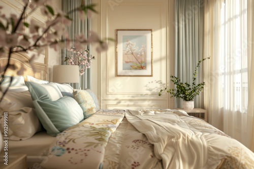A cheerful and inviting guest room with a comfortable bed and stylish decor.