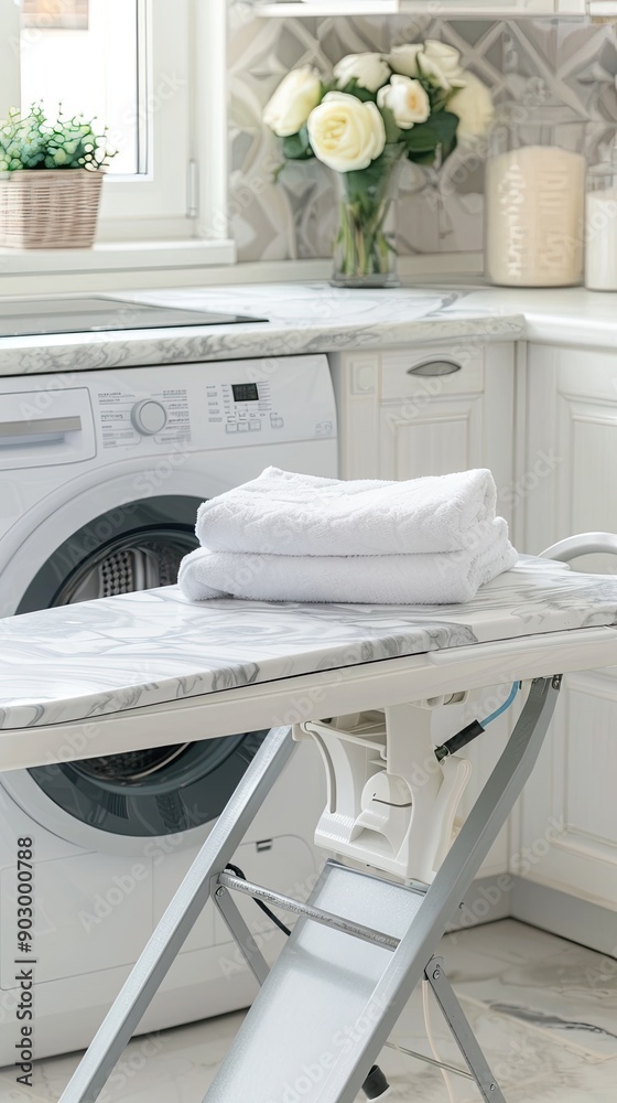 Freshly laundered towels are stacked on a table while a washing machine stands ready in a tidy laundry room Freshly laundered towels are stacked on a table while a washing machine stands ready in a tidy laundry room