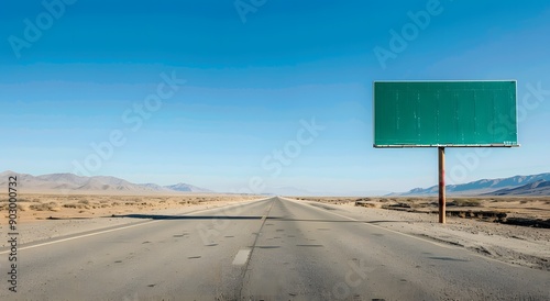 Empty highway road with a green blank billboard sign in the middle of the desert, under a clear blue sky. Beautiful landscape scene evoking travel and adventure.