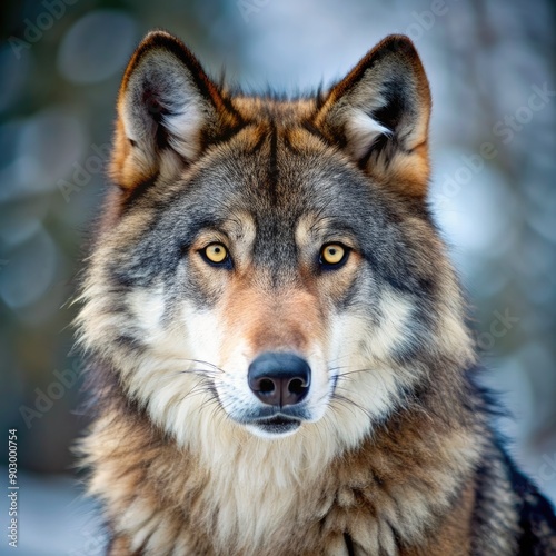 Majestic Wolf Staring Intently in a Snowy Forest During Winter Mornings. Generative AI © Irina