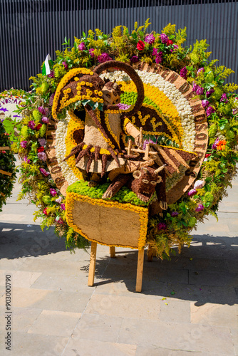 Medellin, Antioquia, Colombia. August 17, 2022. Silleteros parade, flower fair in the city photo