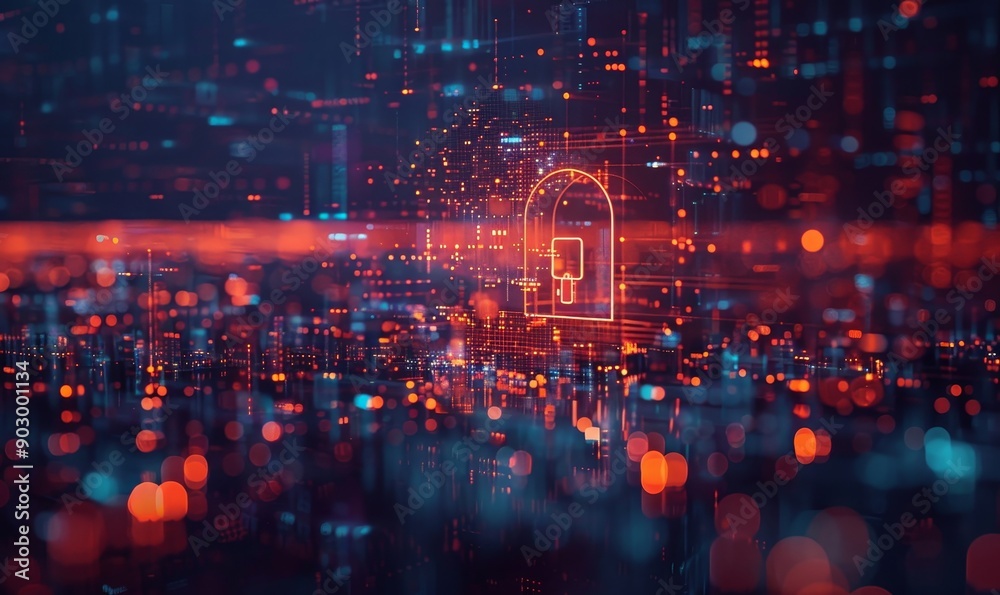 Cybersecurity concept represented by a singular secure digital lock in a vast network space embodying protection, Generative AI Cybersecurity concept represented by a singular secure digital lock in a vast network space embodying protection, Generative AI