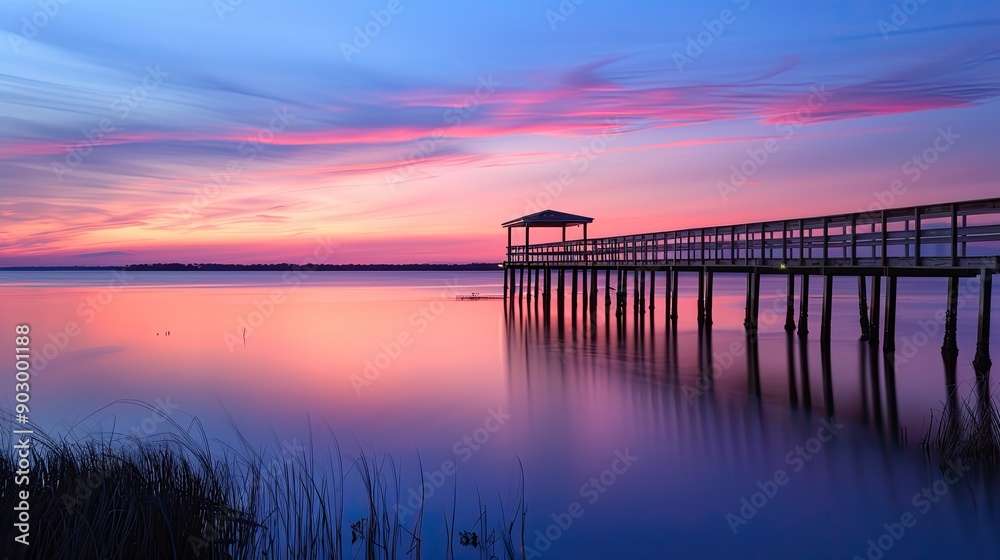 Serene silhouette of a fishing pier stretching into a calm lake at dusk, with a colorful sunset reflecting on the water. Serene silhouette of a fishing pier stretching into a calm lake at dusk, with a colorful sunset reflecting on the water.