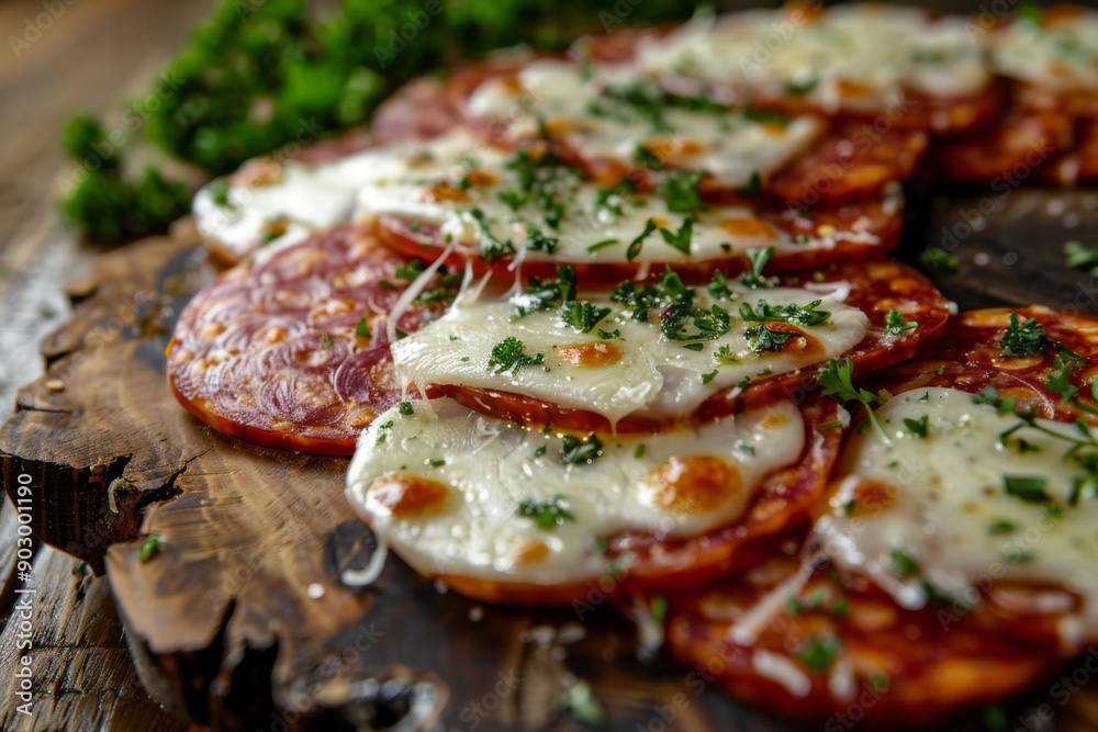 A detailed close-up of sliced sausage with cheese and herbs, creating an appetizing display on a rustic wooden backdrop. A detailed close-up of sliced sausage with cheese and herbs, creating an appetizing display on a rustic wooden backdrop.