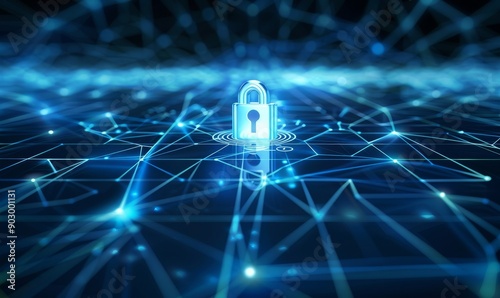 Cybersecurity concept represented by a singular secure digital lock in a vast network space embodying protection, Generative AI