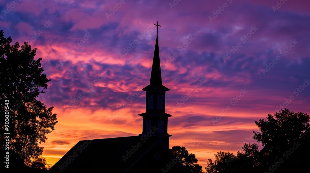 Obraz premium Silhouette of a church steeple reaching towards a colorful evening sky, creating a serene and peaceful scene.